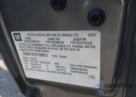 2001 Chevrolet Silverado K1500 from USA, damaged, VIN 2GCEK19T811398213